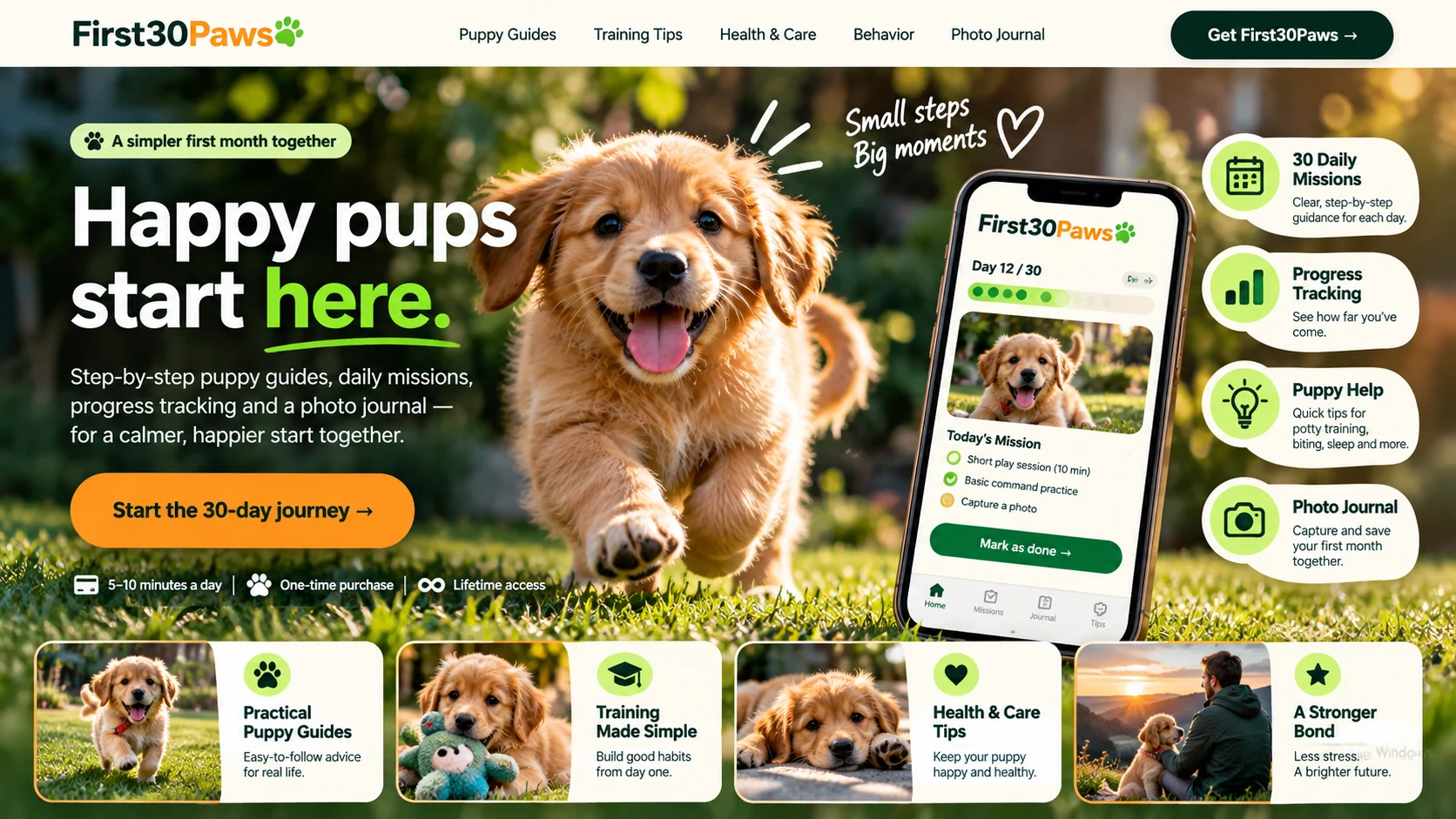 Golden retriever puppy in a sunny garden beside a First30Paws phone preview and daily mission benefits